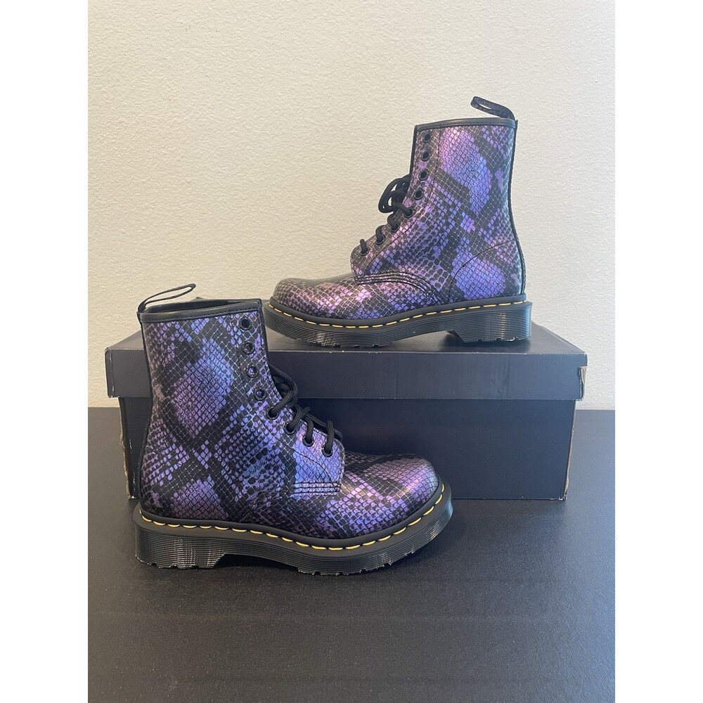 Dr. Martens 1460 Purple Black Snake Print Embossed Leather Boots Womens Sz 5 NEW